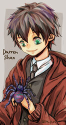  1boy bad_id bad_pixiv_id black_hair bug darren_shan green_eyes highres jacket madam_octa male_focus necktie red_jacket short_hair smile spider ta_y_n tarantula the_saga_of_darren_shan 