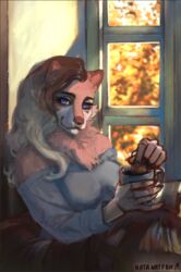  anthro autumn bedding beverage biscuit_(food) blanket blue_eyes bread brown_hair candy canid canine canis charlotte_genevieve chest_tuft chocolate clothed clothing coffee_mug colored container cookie cup dessert detailed detailed_background digital_drawing_(artwork) digital_media_(artwork) digital_painting_(artwork) dipping domestic_dog facial_piercing female fingers fluffy fluffy_tail food fur furniture hair half-shaved_hair heart_(marking) heart_mole heart_symbol highlights_(coloring) holding_container holding_cup holding_object hot_chocolate humanoid_hands inside light lighting long_hair looking_at_viewer mammal markings mole_(marking) multicolored_body multicolored_fur multicolored_hair natfan neck_tuft nordic_sled_dog nose_piercing nose_ring piercing pink_body pink_fur pink_skin ring_piercing samoyed septum_piercing shaded shoulderless_shirt sitting smile solo spitz sweater tail topwear tuft wavy_hair white_hair window window_seat 