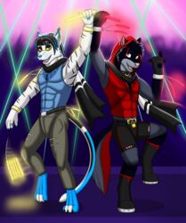  anthro canid canine canis dancing dregna duo felid glowsticking glowstringing hi_res male mammal muscular pantherine rave wolf 