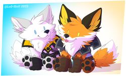  2023 anthro arctic_fox blep blue_eyes brother_(lore) brothers_(lore) brown_body brown_fur canid canine chibi clothing digital_media_(artwork) duo epic_games fennix_(fortnite) fortnite fox fur gloves handwear hi_res leo-wolf male mammal orange_body orange_fur pawpads paws red_fox sibling_(lore) smile tongue tongue_out true_fox volpez_(fortnite) white_body white_fur yellow_eyes 