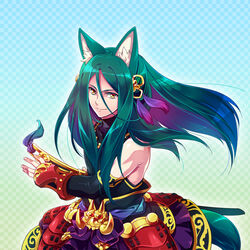  1boy animal_ear_fluff animal_ears bare_shoulders black_shirt black_sleeves blue_background checkered_background closed_mouth detached_sleeves gradient_background green_background green_hair hair_between_eyes kanikame long_hair long_sleeves masurao_(sekaiju) masurao_3_(sekaiju) parted_bangs purple_hair red_eyes sekaiju_no_meikyuu sekaiju_no_meikyuu_5 shirt sleeveless sleeveless_shirt smile solo tail very_long_hair 