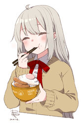  ahoge beige_sweater blush bow bowl bowtie chopsticks chopsticks_in_mouth closed_eyes commentary dated eating egg egg_(food) female food food_on_face food_print fried_egg grey_hair highres holding holding_bowl holding_chopsticks kizuna_akari long_hair neck_ribbon onigiri_print red_bow red_bowtie red_ribbon ribbed_sweater ribbon rice rice_on_face sausage signature solo sweater upper_body very_long_hair voiceroid yamada_sakura 