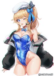  alternate_costume bare_shoulders beret blonde_hair blue_bow blue_bowtie blue_eyes blue_leotard bow bowtie breasts chromatic_aberration cleavage coat covered_navel dano detached_collar female girls&#039;_frontline girls&#039;_frontline_2:_exilium groin hat headset heart highleg highleg_leotard leotard long_hair looking_at_viewer medium_breasts off_shoulder one_eye_closed one_side_up open_mouth playboy_bunny sidelocks smile solo strapless strapless_leotard twitter_username vepley_(girls&#039;_frontline_2) white_background white_hat 