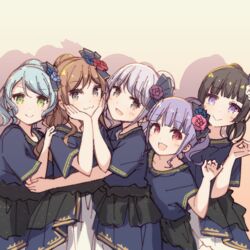  &gt;:) 5girls :&gt; :3 :d aiba_aina alternate_hairstyle aqua_hair ayasaka bang_dream! black_eyes black_hair blue_flower brown_hair commentary_request dress flower green_eyes grey_hair group_picture hair_flower hair_ornament hand_on_another&#039;s_arm hand_on_another&#039;s_shoulder hand_up head_rest hikawa_sayo imai_lisa kudou_haruka_(voice_actor) minato_yukina multiple_girls nakashima_yuki open_mouth overskirt photo-referenced pink_flower ponytail purple_eyes purple_flower purple_hair red_eyes red_flower roselia_(bang_dream!) sakuragawa_megu shirokane_rinko shizaki_kanon short_sleeves sidelocks smile udagawa_ako v-shaped_eyebrows voice_actor_connection 