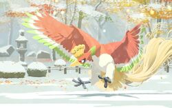  animal_focus bird bush closed_mouth commentary_request day fence ho-oh komepan light_rays no_humans outdoors pokemon pokemon_(creature) red_eyes solo stone_lantern talons tree 