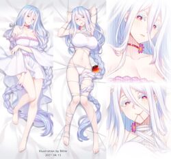  absurdly_long_hair adapted_costume apple artist_name barefoot billie_(meng_gong_fang) braid breasts bug cleavage commentary_request dakimakura_(medium) dated detached_sleeves dress eyelashes female food fruit kumo_desu_ga_nani_ka? kumoko_(kumo_desu_ga_nani_ka?) large_breasts long_braid long_hair looking_at_viewer mouth_hold multiple_views red_eyes shiraori short_dress single_braid smile spider thread very_long_hair white_dress white_hair wide_sleeves 