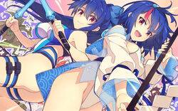  2girls ass bare_shoulders blue_bow blue_hair blue_one-piece_swimsuit blue_ribbon blush bow breasts closed_mouth collarbone commentary_request commission cosplay dress dual_wielding energy_sword fate/grand_order fate/requiem fate_(series) fundoshi hair_between_eyes hairbow highleg highleg_swimsuit highres holding japanese_clothes jewelry large_breasts long_hair long_sleeves looking_at_viewer magatama magatama_hair_ornament magatama_necklace multicolored_hair multiple_girls necklace one-piece_swimsuit open_mouth original pelvic_curtain pink_hair polearm ponytail puffy_long_sleeves puffy_sleeves red_eyes ribbon saipaco seigaiha short_dress short_hair siblings sideboob sideless_outfit sidelocks skeb_commission smile spear streaked_hair swimsuit sword thigh_strap thighs tomoe_gozen_(fate) tomoe_gozen_(swimsuit_saber)_(fate) tomoe_gozen_(swimsuit_saber)_(fate)_(cosplay) twins two-tone_swimsuit utsumi_erice utsumi_erice_(cosplay) weapon white_dress white_one-piece_swimsuit 