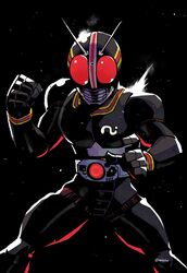  1boy antennae armor aura black_bodysuit bodysuit clenched_hand glowing glowing_eyes henshin_pose highres kamen_rider kamen_rider_black kamen_rider_black_(series) kingstone looking_at_viewer male_focus pose rariatto_(ganguri) red_eyes rider_belt solo steam 