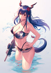  absurdres arknights bare_shoulders bikini black_bikini blue_hair blush breasts ch&#039;en_(arknights) ch&#039;en_the_holungday_(arknights) ch&#039;en_the_holungday_(elite_ii)_(arknights) cleavage closed_mouth collarbone cowboy_shot dragon_horns female flower hair_between_eyes hair_flower hair_ornament hand_on_own_hip hibiscus highres holding holding_weapon horns large_breasts long_hair looking_at_viewer mazel_(mazel_star) micro_shorts navel open_clothes open_fly open_shorts petals red_eyes shorts sidelocks solo splashing stomach swimsuit thighs wading water water_gun weapon wet 