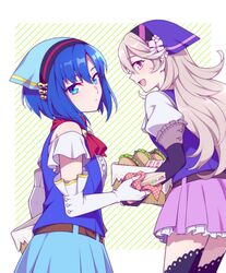  2girls blue_eyes blue_hair catria_(fire_emblem) corrin_(female)_(fire_emblem) corrin_(fire_emblem) elbow_gloves fingerless_gloves fire_emblem fire_emblem:_mystery_of_the_emblem fire_emblem:_new_mystery_of_the_emblem fire_emblem:_shadow_dragon fire_emblem:_shadow_dragon_and_the_blade_of_light fire_emblem_fates fire_emblem_heroes food gloves handkerchief head_scarf hiyori_(rindou66) holding holding_food long_hair looking_at_viewer multiple_girls pointy_ears red_eyes sandwich short_hair skirt smile white_hair 