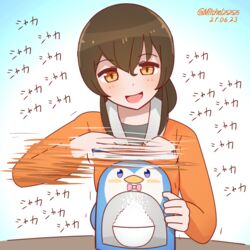  bird bowl brown_hair commentary_request dated female food ice_shaver jacket kantai_collection long_hair long_sleeves mitchell_(dynxcb25) motion_blur open_mouth orange_eyes orange_jacket penguin shaved_ice smile solo souya_(kancolle) souya_agb_(kancolle) themed_object twitter_username 