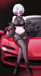  absurdres arm_strap bare_shoulders belt black_choker black_jacket black_pantyhose black_shorts boots car choker clothes_writing commentary crop_top drake_(nikke) drake_(villain_racer)_(nikke) ekuskarma female ferrari ferrari_sf90_stradale fishnet_pantyhose fishnets goddess_of_victory:_nikke highres jacket jacket_partially_removed looking_at_viewer looking_over_eyewear midriff motor_vehicle multiple_views navel official_alternate_costume pantyhose purple-tinted_eyewear red_eyes shirt short_hair short_shorts shorts sports_car sunglasses symbol-only_commentary thigh_strap tinted_eyewear white_hair 