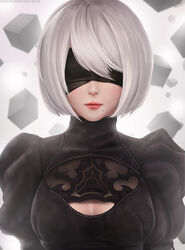  2b_(nier:automata) black_blindfold black_dress black_hairband blindfold blurry blurry_background bob_cut breasts breasts_apart cleavage cleavage_cutout clothing_cutout commentary covered_eyes cube dress english_commentary facing_viewer female hair_over_eyes hairband juliet_sleeves limgae lips lipstick long_sleeves makeup medium_breasts mole mole_under_mouth nier:automata nier_(series) nose photoshop_(medium) pink_lips puffy_sleeves revision short_hair smirk solo turtleneck upper_body watermark web_address white_hair 