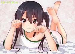  bad_id bad_pixiv_id barefoot black_hair blush brown_eyes closed_mouth collarbone dress_shirt feet female full_body hair_between_eyes k-on! long_hair looking_at_viewer lying nakano_azusa off-shoulder_shirt off_shoulder on_stomach paw_pose shirt short_sleeves smile soles solo the_pose tina_(pixiv37050289) toes twintails twitter_username watermark white_shirt 