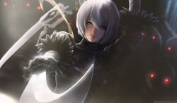  2b_(nier:automata) black_dress blurry blurry_background breasts cleavage commentary dark_background dress english_commentary facing_viewer female grey_eyes highres limgae lips machine medium_breasts mole mole_under_mouth nier:automata nier_(series) no_blindfold photoshop_(medium) revision robot solo sword upper_body watermark weapon weapon_on_back web_address white_hair 