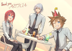  absurdres blue_eyes breasts closed_mouth commentary_request drink female formal gogo_(detteiu_de) grey_hair highres kairi_(kingdom_hearts) kingdom_hearts kingdom_hearts_ii looking_at_viewer medium_hair multiple_boys necktie open_mouth red_hair riku_(kingdom_hearts) simple_background smile sora_(kingdom_hearts) 