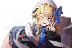  ;d ascot bandage_on_face bandages beret blonde_hair blue_ascot blue_bow blue_eyes blush bow coat commentary dano female girls&#039;_frontline girls&#039;_frontline_2:_exilium hairbow hat headset heart long_hair long_sleeves looking_at_viewer off_shoulder one_eye_closed open_mouth pleated_skirt sidelocks skirt smile solo sweatdrop sweater_vest tearing_up v vepley_(girls&#039;_frontline_2) white_background white_hat 