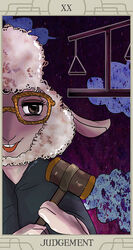  2016 anthro bovid caprine card card_template cldht1 clothed clothing dawn_bellwether disney english_text eyewear female fortune_telling fur glasses holding_object judge judgement_(tarot) major_arcana mammal open_mouth open_smile roman_numeral sheep smile solo tarot tarot_card text white_body white_fur white_wool wool_(fur) zootopia 