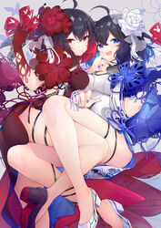  2girls ahoge black_footwear black_hair blue_eyes blue_gloves blue_hair blue_nails blue_ribbon blush commentary_request dress envelope eta flower gloves hair_flower hair_ornament high_heels highres honkai_(series) honkai_impact_3rd legs looking_at_viewer multicolored_hair multiple_girls red_eyes red_flower red_gloves red_hair red_ribbon ribbon seele_(alter_ego) seele_vollerei seele_vollerei_(stygian_nymph) short_dress single_glove smile two-tone_hair white_flower white_footwear 