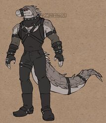  anthro clothing crocodile crocodilian crocodylid daylon_(dislyte) dislyte facial_markings fangs fingerless_gloves gloves handwear head_markings lilith_games male markings mouth_strap red_eyes reptile scalie shirt solo spikes straps tail tank_top teeth thick_tail topwear zinthings 