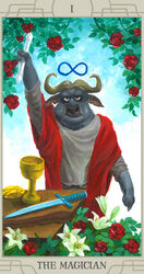  2016 anthro as_above_so_below_pose bovid bovine cape_buffalo card card_template chief_bogo container cup disney english_text fortune_telling goblet hi_res holding_object horn major_arcana male mammal melee_weapon peacedouble roman_numeral solo sword tarot tarot_card text the_magician_(tarot) weapon zootopia 