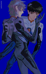  2boys amuii black_hair blue_background blue_theme bodysuit grey_hair highres ikari_shinji interface_headset male_focus multiple_boys nagisa_kaworu neon_genesis_evangelion pilot_suit plugsuit red_eyes science_fiction 