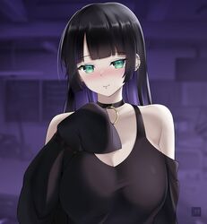  bare_shoulders black_choker black_hair black_shirt blunt_bangs blurry blush bocchi_the_rock! breasts chin_piercing choker clothing_cutout colored_inner_hair depth_of_field ear_piercing earrings female freshtango goth_fashion green_eyes hand_up highres jewelry large_breasts long_hair long_sleeves looking_at_viewer mouth_piercing multicolored_hair nose_blush pa-san piercing shirt shoulder_cutout sleeves_past_fingers sleeves_past_wrists smile solo upper_body 