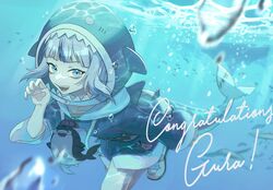  animal_hood bad_id bad_twitter_id bloop_(gawr_gura) blue_eyes character_name congratulations english_commentary female fins fish_tail gawr_gura gawr_gura_(1st_costume) grey_hair highres hololive hololive_english hood hood_up looking_at_viewer open_mouth ryuko_lee shark_girl shark_hood shark_tail sharp_teeth solo swimming tail teeth underwater virtual_youtuber 