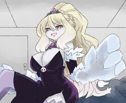  :d bare_shoulders blonde_hair braid breasts colored_skin commentary crown_braid dress elbow_gloves english_commentary female fur-trimmed_gloves fur_trim gloves hair_between_eyes highres indoors jewelry large_breasts latenight long_hair looking_at_viewer monster_girl_encyclopedia necklace open_mouth purple_dress purple_gloves purple_thighhighs red_eyes side_slit smile solo strapless strapless_dress thighhighs tiara white_skin wight_(monster_girl_encyclopedia) 