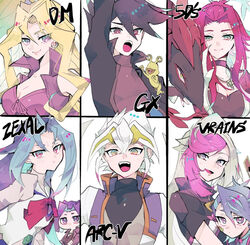  3boys 5girls bessho_emma black_hair black_rose_dragon blonde_hair blue_girl copyright_name duel_academy_uniform_(yu-gi-oh!_gx) duel_monster dyed_bangs earrings facial_mark ghost_girl_(yu-gi-oh!_vrains) gradient_eyes hair_between_eyes izayoi_aki jacket jewelry kamishiro_rio kamishiro_ryouga kujaku_mai looking_at_viewer manjoume_jun multicolored_eyes multicolored_hair multiple_boys multiple_girls ojama_yellow open_mouth pout red_hair tasutekete two-tone_hair white_background yu-gi-oh! yu-gi-oh!_5d&#039;s yu-gi-oh!_arc-v yu-gi-oh!_duel_monsters yu-gi-oh!_gx yu-gi-oh!_vrains yu-gi-oh!_zexal zaizen_aoi zarc 