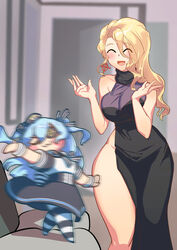  2girls :3 ^_^ amy_razor blonde_hair blue_hair blush blush_stickers breasts clapping closed_eyes dancing dress earrings eyepatch hair_between_eyes highres hoyo jalhanda_jalhanda_naesaekki!!!!!_(meme) jewelry korean_commentary large_breasts last_origin long_dress long_hair lrl_(last_origin) meme motion_blur multiple_girls open_mouth pantyhose photoshop_(medium) print_eyepatch side_slit smile striped_clothes striped_pantyhose thick_thighs thighs two_side_up wide_hips 