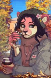  anthro autumn beanie beverage black_hair blue_eyes branch building candy chocolate clothed clothing coffee colored container cup denim denim_clothing denim_jacket denim_topwear dessert detailed detailed_background digital_drawing_(artwork) digital_media_(artwork) digital_painting_(artwork) eating felid feline female food hair hat headgear headwear holding_object hoodie house jacket lion long_hair lyla_no&#039;uka mammal multicolored_body nails natfan outside pantherine pin_(disambiguation) pink_body pink_skin plant shaded shirt sitting solo topwear tree watermark wavy_hair 