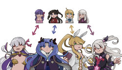  6+girls :q animal_ears arrow_(symbol) artoria_pendragon_(fate) artoria_pendragon_(swimsuit_ruler)_(fate) ascot black_hair blonde_hair blue_eyes blue_hair blue_neckwear blush card cardigan cloak commentary_request detached_collar detached_sleeves dress earrings facial_mark fate/grand_order fate/kaleid_liner_prisma_illya fate/stay_night fate_(series) feather_boa forehead_mark green_eyes hair_ornament hair_ribbon highres illyasviel_von_einzbern ishtar_(fate) jewelry kama_(fate) kama_(third_ascension)_(fate) keshigomusan1 long_hair matou_sakura multiple_girls navel neck_ribbon necktie pink_cardigan playboy_bunny playing_card plunging_neckline prisma_illya purple_cloak purple_dress purple_eyes purple_hair rabbit_ears red_eyes red_hair red_sweater revealing_clothes ribbon saber_(fate) space_ishtar_(astarte_origin)_(fate) space_ishtar_(fate) star_(symbol) star_earrings sweat sweater testament_(fate) tohsaka_rin tongue tongue_out two_side_up white_dress white_hair 