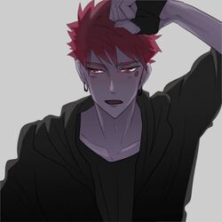  1boy aeka_(0ameiro0) birthmark colored_skin fingerless_gloves glalda gloves highres hood hoodie male_focus open_mouth purple_skin red_eyes red_hair short_hair solo the_saga_of_darren_shan 