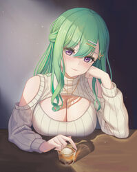  absurdres alcohol bare_shoulders blush breast_rest breasts breasts_on_table cleavage cleavage_cutout clothing_cutout commentary_request cup drinking_glass elbow_rest female green_hair hair_ornament hairclip half_updo hand_on_own_cheek hand_on_own_face head_rest highres ice ice_cube jewelry large_breasts light_smile long_hair long_long_life long_sleeves looking_at_viewer meme_attire mole mole_on_breast necklace official_alternate_costume open-chest_sweater partial_commentary purple_eyes ribbed_sweater seductive_smile shoulder_cutout smile solo sweater swept_bangs turtleneck virtual_youtuber vspo! whiskey white_sweater yakumo_beni yakumo_beni_(3rd_costume) 