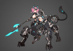  blush breasts cleavage female haze/reverb highres holding holding_weapon large_breasts looking_at_viewer mecha mecha_musume oerba_yun_fang open_mouth pink_eyes pink_hair robot shirin_walter_(haze/reverb) short_hair short_twintails skin_fang smile solo stmast twintails weapon 