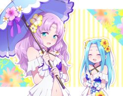  2girls aqua_hair blush breasts cleavage closed_eyes cosplay fiora_(fire_emblem) fiora_(fire_emblem)_(cosplay) fiora_(summer)_(fire_emblem) fire_emblem fire_emblem:_the_blazing_blade fire_emblem_heroes florina_(fire_emblem) flower hair_flower hair_ornament hiyori_(rindou66) holding holding_umbrella long_hair multiple_girls navel open_mouth purple_hair siblings sisters swimsuit twitter_username umbrella upper_body 