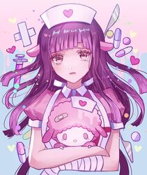  apron bandaged_arm bandages bandaid crossed_arms danganronpa_(series) danganronpa_2:_goodbye_despair female hat holding long_hair mole mole_under_eye my_sweet_piano nurse nurse_cap open_mouth pill pink_hair pink_shirt puffy_short_sleeves puffy_sleeves sanrio shirt short_sleeves smile syringe tsumiki_mikan white_apron z-epto_(chat-noir86) 