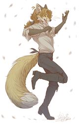  2023 absurd_res anthro bottomwear canid canine closed_eyes clothing dancing dipstick_tail edgar_vladilisitsa fox fur hi_res male mammal markings open_mouth pants signature simple_background solo tail tail_markings tatujapa topwear white_background 