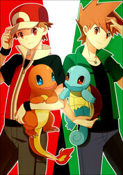  2boys baseball_cap blue_oak brown_hair charmander closed_mouth commentary_request flame-tipped_tail green_shirt hat himari_g_(sr) holding holding_pokemon jacket jewelry looking_at_viewer male_focus multiple_boys necklace pants pokemon pokemon_(creature) pokemon_origins red_(pokemon) red_eyes shirt short_sleeves spiked_hair squirtle zipper_pull_tab 