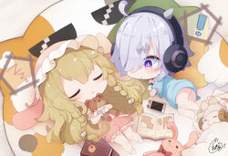  ! +_+ 2girls :&lt; ahoge bare_legs bare_shoulders barefoot beni_shake blue_shirt blush book braid brown_hair cellphone chibi closed_eyes commentary_request cube_hair_ornament drooling eliisa_(mahjong_soul) fake_horns frilled_shorts frills hair_ornament hair_over_one_eye headphones horns hugging_object long_hair lying mahjong_soul multiple_girls on_back on_side open_book parted_lips phone pink_headwear pink_shorts puffy_shorts purple_eyes purple_hair saliva shirt short_shorts short_sleeves shorts spoken_exclamation_mark spoken_zzz stuffed_animal stuffed_rabbit stuffed_sheep stuffed_toy suzumiya_anju teddy_bear triangle_mouth twin_braids very_long_hair wide_sleeves wrist_cuffs zzz 