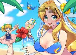  2girls android beach beat_(mega_man) bikini blonde_hair blue_bikini blue_eyes blush bow breast_hold breasts cloud cocktail day drink drinking_straw earrings eyewear_on_head flower green_eyes hairbow hat hat_flower holding holding_drink innertube jewelry kalinka_cossack_(mega_man) large_breasts long_hair looking_at_viewer mega_man_(classic) mega_man_(series) multiple_girls open_mouth outdoors robot rockman_xover roll_(mega_man) school_swimsuit sky smile summer sun_hat sunglasses swim_ring swimsuit tobitori waving 