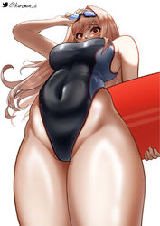  black_one-piece_swimsuit black_towel blush breasts brown_hair choker competition_swimsuit covered_navel eyebrows_hidden_by_hair eyewear_on_head female from_below glasses goddess_of_victory:_nikke highres holding holding_removed_eyewear holding_surfboard kuremon large_breasts long_hair navel one-piece_swimsuit orange_eyes rapi_(classic_vacation)_(nikke) rapi_(nikke) reaching shiny_skin simple_background skin_tight solo stomach sunglasses surfboard swimsuit thick_thighs thighs twitter_username two-tone_swimsuit unworn_eyewear white_background 