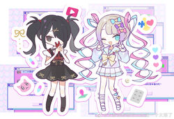  2girls ame-chan_(needy_girl_overdose) artist_name belt black_hair black_ribbon black_skirt blonde_hair blue_bow blue_eyes bow buttons chouzetsusaikawa_tenshi-chan collar collarbone hair_ornament hair_over_one_eye hairbow heart high_collar holding long_sleeves looking_at_viewer multicolored_hair multiple_girls needy_girl_overdose pien_cat_(needy_girl_overdose) purple_hair quad_tails red_bow red_shirt ribbon sailor_collar sakuraihum shirt shirt_tucked_in short_sleeves skirt smile two_side_up watermark white_bow white_collar x_hair_ornament 