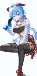  ;o ahoge bare_shoulders bell black_gloves black_legwear blue_hair bow bowtie breasts chinese_knot commentary detached_sleeves female flower_knot ganyu_(genshin_impact) genshin_impact gloves gold_trim high_heels highres horns kh_(kh_1128) long_hair medium_breasts neck_bell one_eye_closed purple_eyes rubbing_eyes sidelocks sitting sleepy solo tassel tears thighlet vision_(genshin_impact) waking_up white_background white_sleeves 