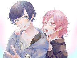  1boy bad_id bad_twitter_id blue_eyes blue_hair couple female highres hood hoodie indie_utaite mebuki_(moon_angel_4) nqrse open_mouth pink_eyes pink_hair smile soraru straight utaite 