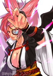  arm_guards arm_up baiken breasts cleavage closed_mouth collarbone eyepatch facial_mark female guilty_gear guilty_gear_strive japanese_clothes kimono large_breasts looking_at_viewer open_clothes open_kimono pink_hair ponytail red_eyes sash scar scar_across_eye scar_on_face simple_background smile solo tsuna_(akmu8832) twitter_username upper_body white_background wide_sleeves yellow_sash 