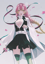  belt black_skirt braid breasts cherry_blossoms cleavage coat collared_shirt cowboy_shot demon_slayer_uniform female gradient_hair green_eyes green_hair green_thighhighs grey_background haori heart heart_print japanese_clothes kanroji_mitsuri katana kimetsu_no_yaiba long_hair long_sleeves looking_at_viewer medium_breasts miniskirt mole mole_under_eye multicolored_hair open_mouth partially_unbuttoned petals pink_hair pleated_skirt ribbed_legwear scabbard sheath shirt simple_background skirt solo standing sword thighhighs thighs tri_braids two-tone_hair uniform wanke weapon whip_sword wide_sleeves wind 