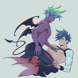  2boys asymmetrical_hair blue_hair bulge colored_skin commentary_request cropped_legs demon_boy demon_tail demon_wings dual_persona ear_piercing erection erection_under_clothes galo_thymos grey_background igote leather leather_pants licking_lips male_focus multiple_boys nipple_piercing nipples pants pectorals piercing pointy_ears promare pukun purple_skin selfcest sidecut simple_background spiked_hair straddling tail tongue tongue_out tongue_piercing topless_male undercut wings yaoi 