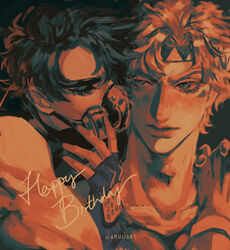  2boys amuii bare_shoulders battle_tendency caesar_anthonio_zeppeli eyelashes happy_birthday headband highres jojo_no_kimyou_na_bouken joseph_joestar joseph_joestar_(young) mask monochrome multiple_boys triangle_print 